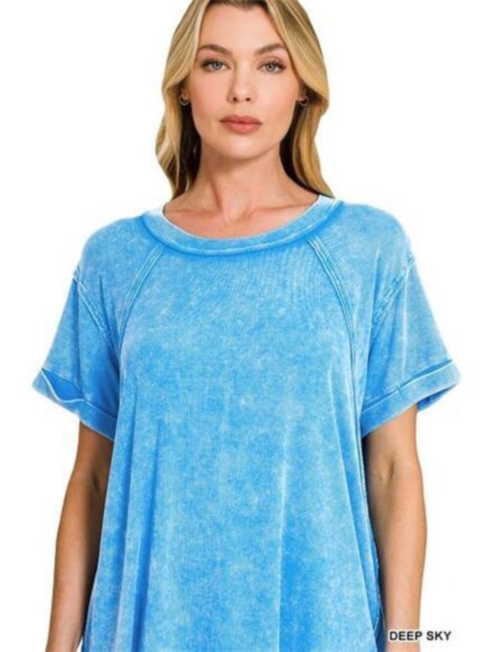 Zenana Washed‎ Ribbed Cuffed Short Sleeve Round Neck Top - Picture 7 of 7